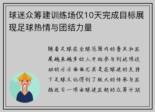 球迷众筹建训练场仅10天完成目标展现足球热情与团结力量